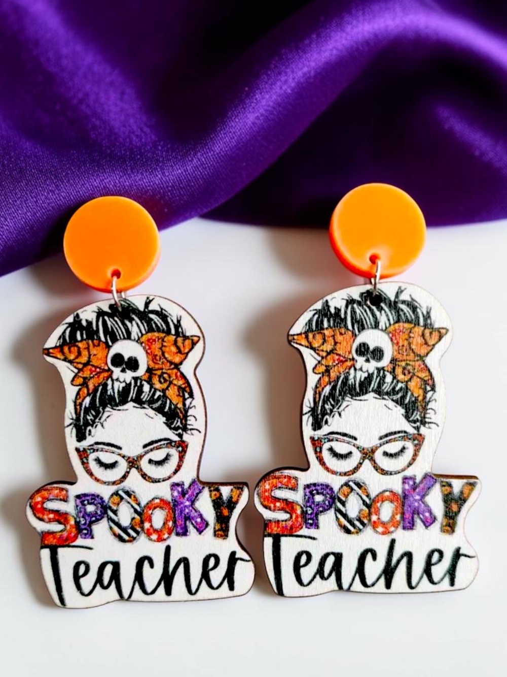 NWT Spooky Teacher Halloween Earrings Orange Purple Fall Teacher Gift Descriptio